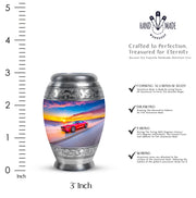 Azure Car Cremation Urn lifestyle display on memorial shelf - regal car design with crown-inspired accents - mini keepsake memorial for portion of cremation ashes