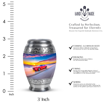 Azure Car Cremation Urn lifestyle display on memorial shelf - regal car design with crown-inspired accents - mini keepsake memorial for portion of cremation ashes