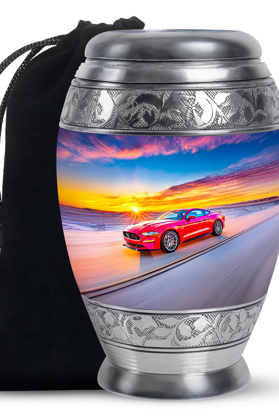 Twilight Blue Car Cremation Urn back view with polished surface - majestic car pattern with filigree border - full-size 10 inch 200 cubic inch adult cremation urn