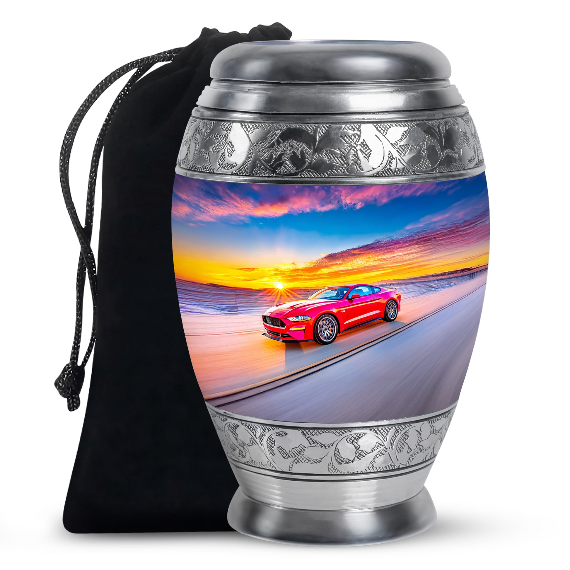 Twilight Blue Car Cremation Urn back view with polished surface - majestic car pattern with filigree border - full-size 10 inch 200 cubic inch adult cremation urn