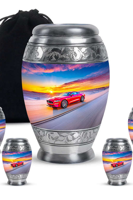 Steel Blue Car Cremation Urn detail view - majestic car pattern with filigree border - memorial set with one large and four small urns