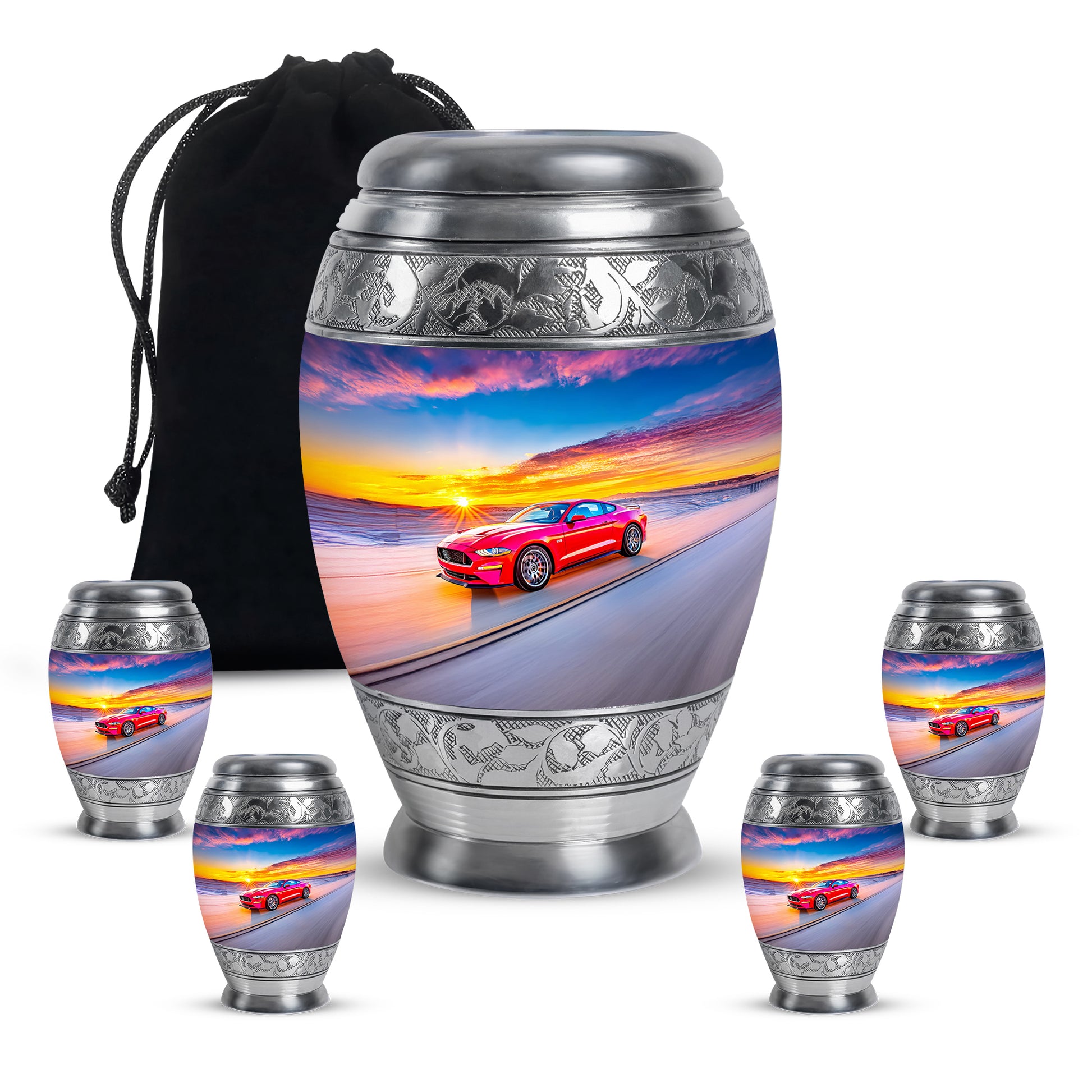 Steel Blue Car Cremation Urn detail view - majestic car pattern with filigree border - memorial set with one large and four small urns