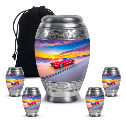 Steel Blue Car Cremation Urn detail view - majestic car pattern with filigree border - memorial set with one large and four small urns