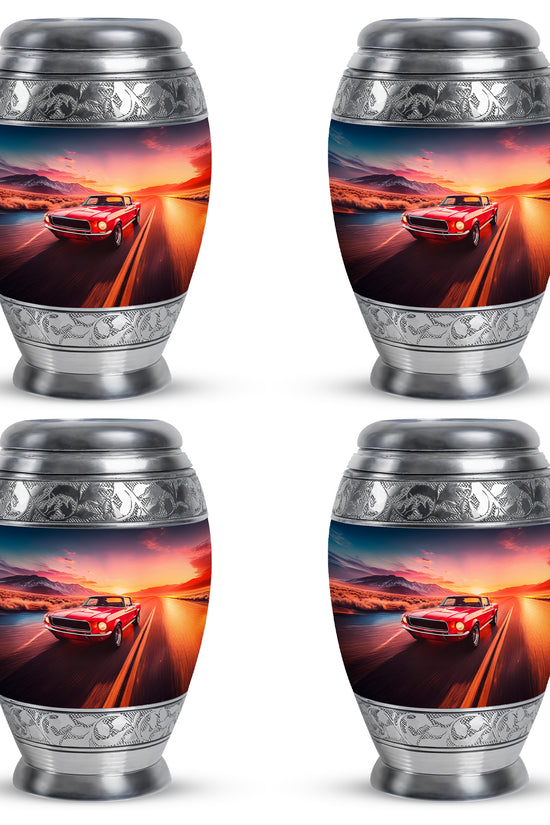 Steel Blue Car Cremation Urn urn with complimentary velvet bag - majestic car pattern with filigree border - 10 inch aluminum urn for cremated remains