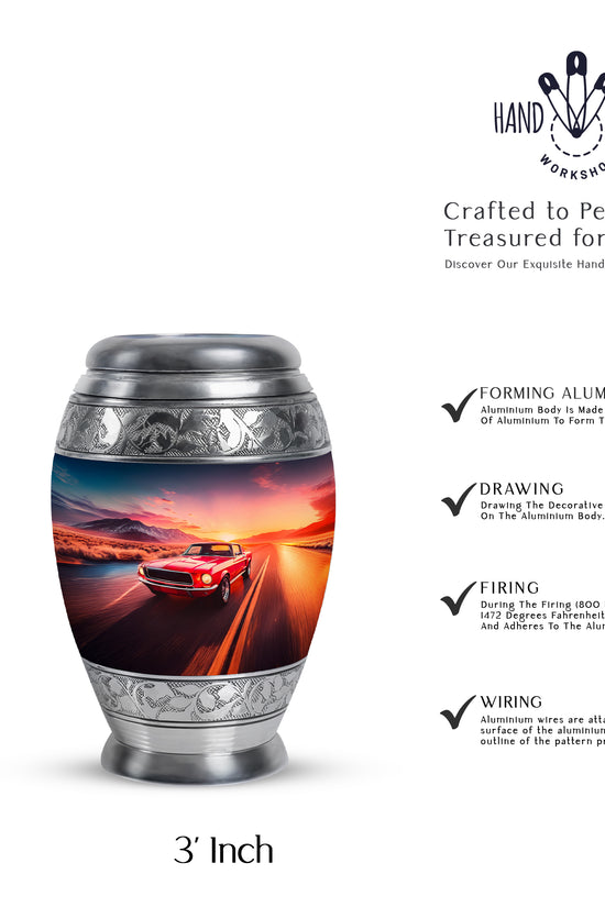Azure Car Cremation Urn lifestyle display on memorial shelf - ornate monarch-style car relief on brushed aluminum - mini keepsake memorial for portion of cremation ashes