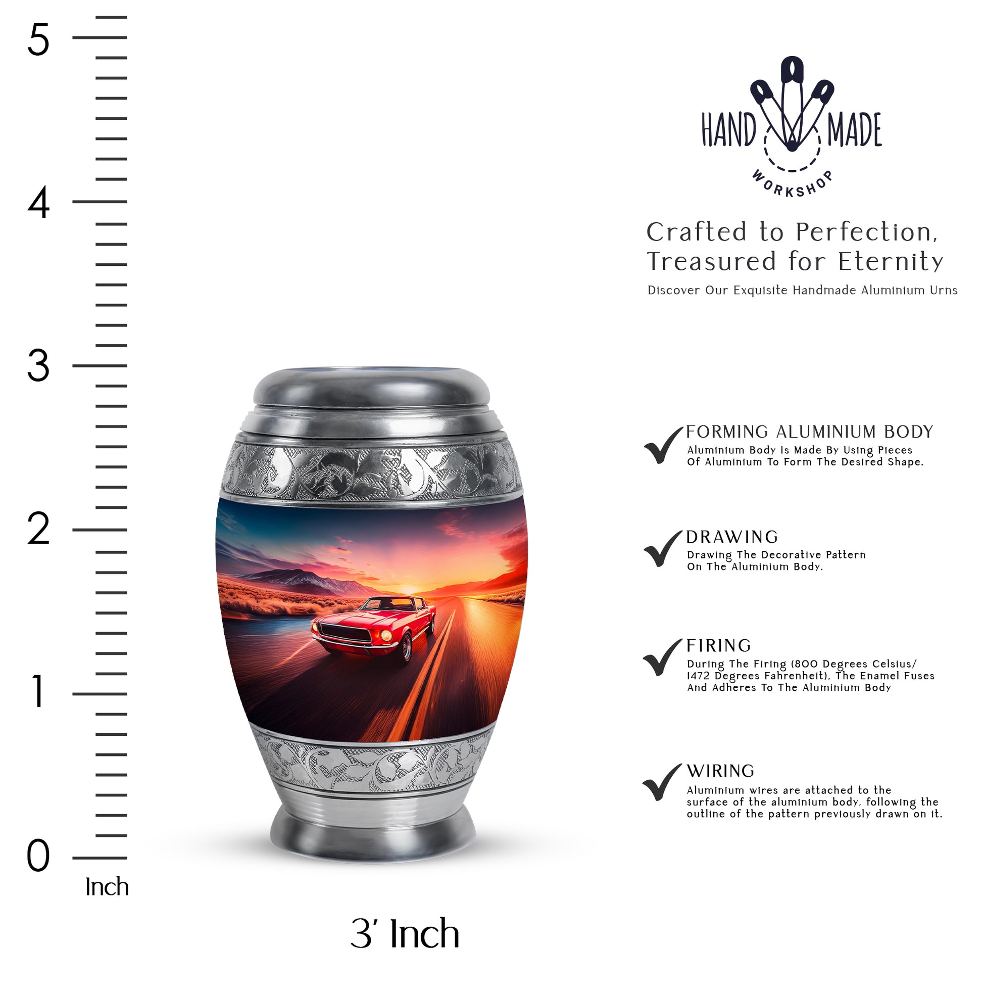 Azure Car Cremation Urn lifestyle display on memorial shelf - ornate monarch-style car relief on brushed aluminum - mini keepsake memorial for portion of cremation ashes