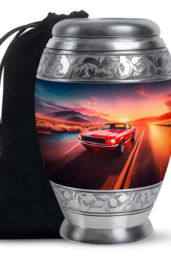 Celestial Blue Car Cremation Urn back view with polished surface - regal car design with crown-inspired accents - full-size 10 inch 200 cubic inch adult cremation urn