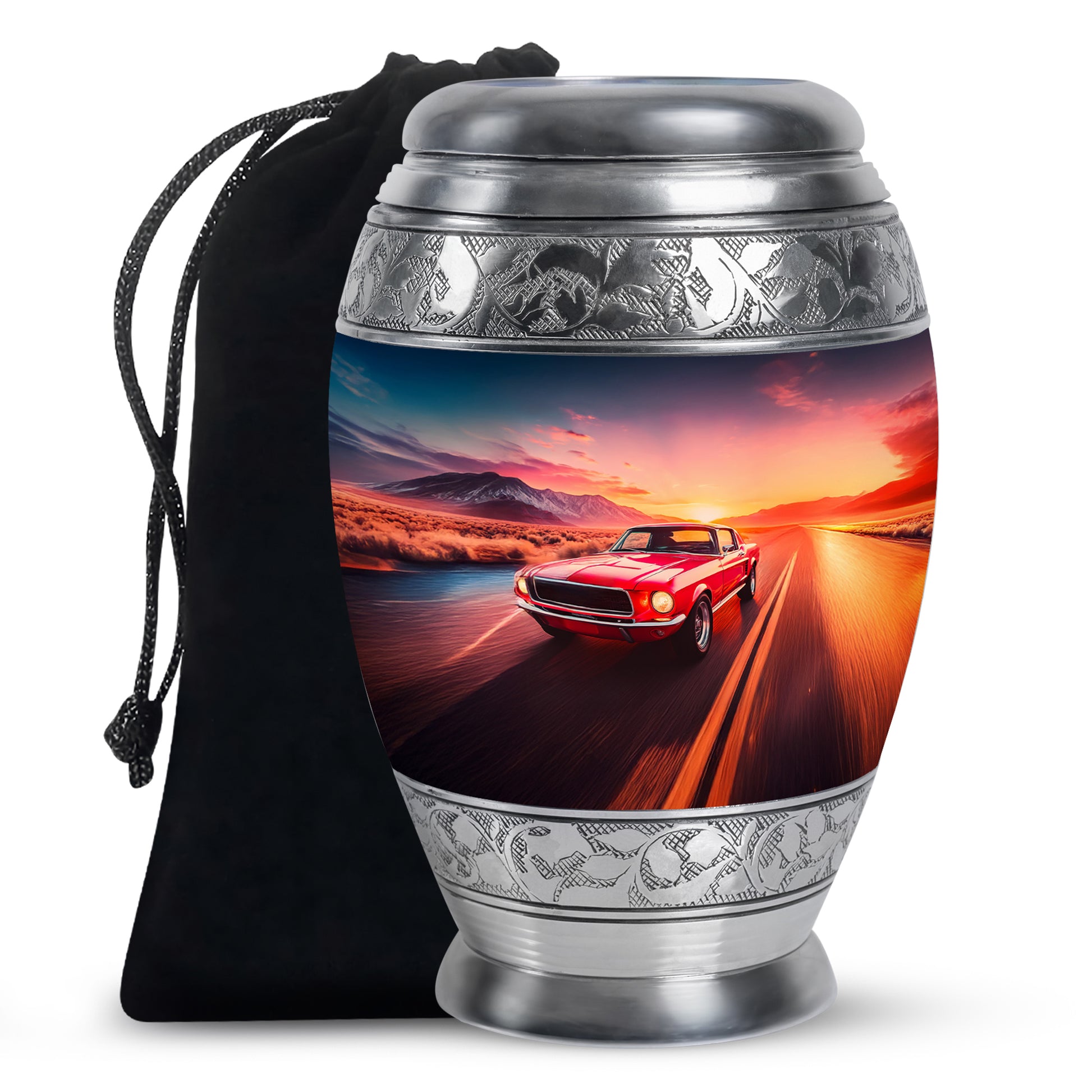 Celestial Blue Car Cremation Urn back view with polished surface - regal car design with crown-inspired accents - full-size 10 inch 200 cubic inch adult cremation urn