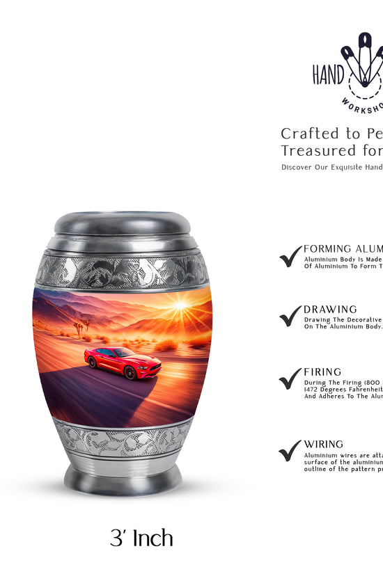 Soft Pink Car Cremation Urn lifestyle display on memorial shelf - majestic car pattern with filigree border - mini keepsake memorial for portion of cremation ashes