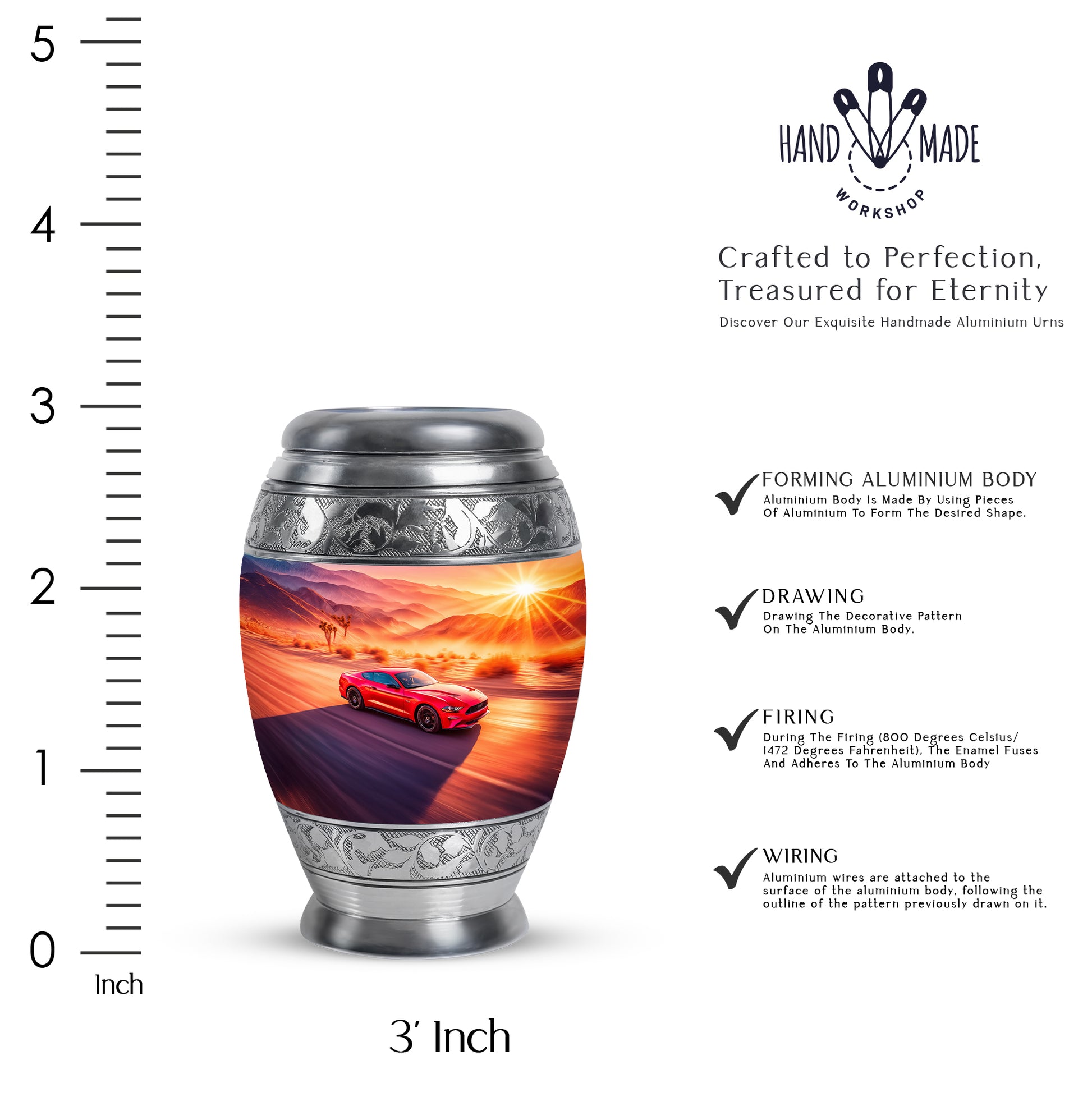 Soft Pink Car Cremation Urn lifestyle display on memorial shelf - majestic car pattern with filigree border - mini keepsake memorial for portion of cremation ashes
