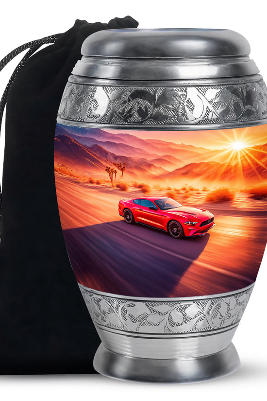Dusty Pink Car Cremation Urn back view with polished surface - royal car engraving with decorative scrollwork - full-size 10 inch 200 cubic inch adult cremation urn