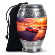 Dusty Pink Car Cremation Urn back view with polished surface - royal car engraving with decorative scrollwork - full-size 10 inch 200 cubic inch adult cremation urn