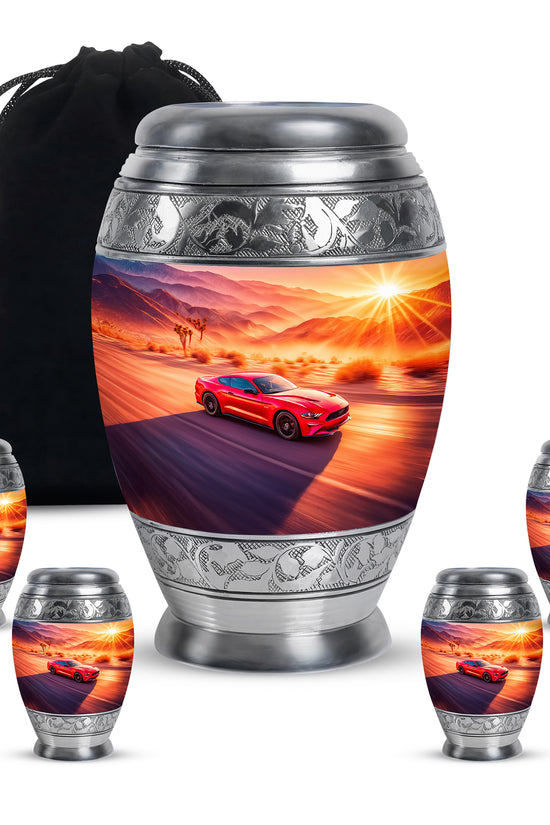 Peony Pink Car Cremation Urn detail view - regal car design with crown-inspired accents - memorial set with one large and four small urns