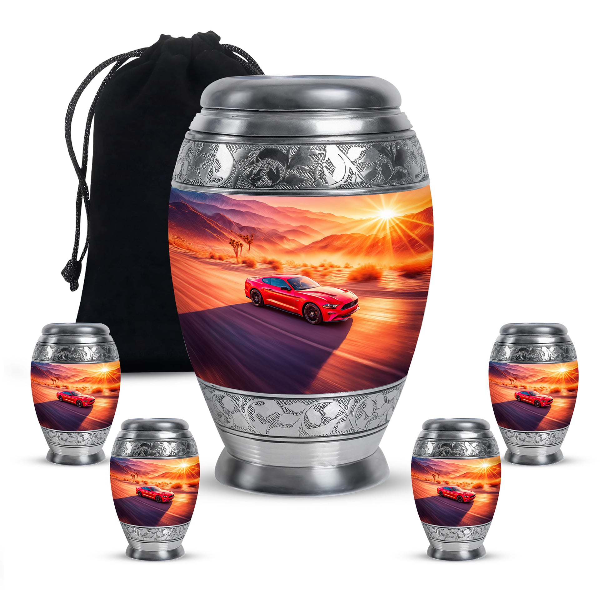 Peony Pink Car Cremation Urn detail view - regal car design with crown-inspired accents - memorial set with one large and four small urns
