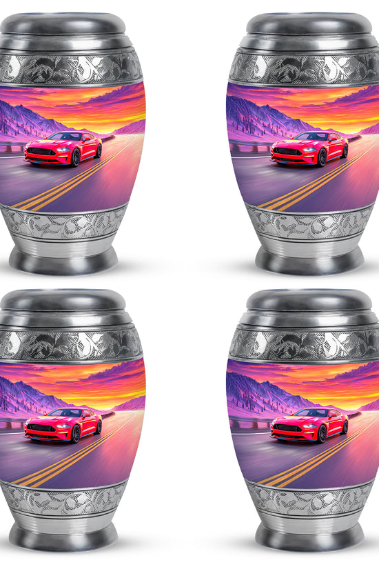 Sapphire Blue Car Cremation Urn urn with complimentary velvet bag - majestic car pattern with filigree border - 10 inch aluminum urn for cremated remains