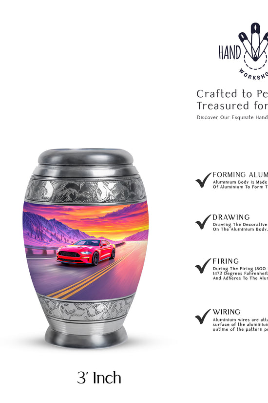 Cornflower Blue Car Cremation Urn lifestyle display on memorial shelf - royal car engraving with decorative scrollwork - mini keepsake memorial for portion of cremation ashes