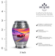 Cornflower Blue Car Cremation Urn lifestyle display on memorial shelf - royal car engraving with decorative scrollwork - mini keepsake memorial for portion of cremation ashes