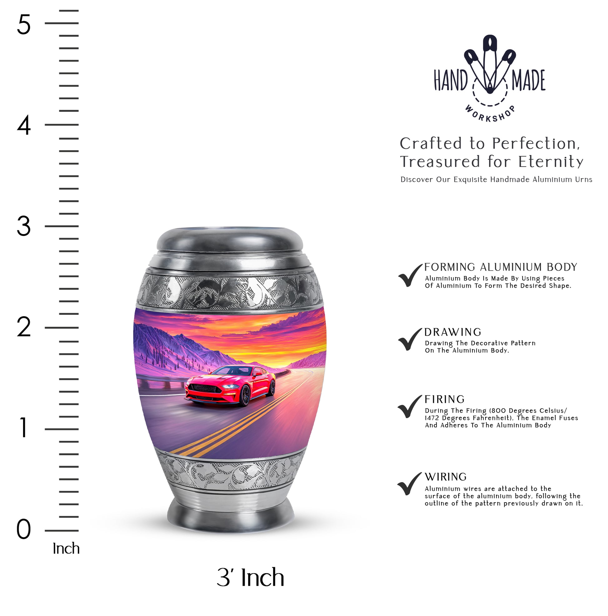Cornflower Blue Car Cremation Urn lifestyle display on memorial shelf - royal car engraving with decorative scrollwork - mini keepsake memorial for portion of cremation ashes