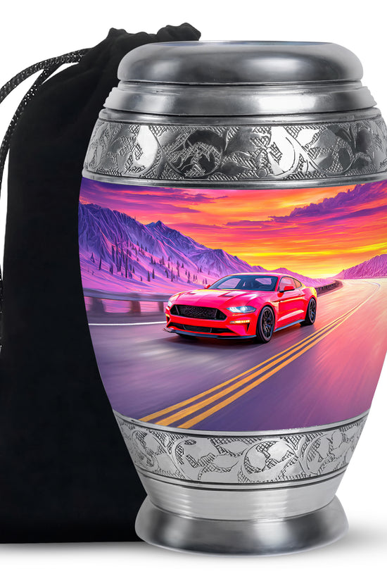 Vivid Blue Car Cremation Urn back view with polished surface - royal car engraving with decorative scrollwork - full-size 10 inch 200 cubic inch adult cremation urn