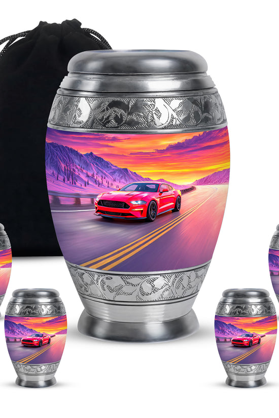 Royal Blue Car Cremation Urn detail view - majestic car pattern with filigree border - memorial set with one large and four small urns
