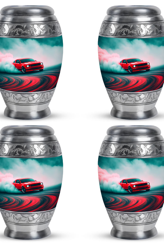 Aqua Teal Car Cremation Urn urn with complimentary velvet bag - majestic car pattern with filigree border - 10 inch aluminum urn for cremated remains