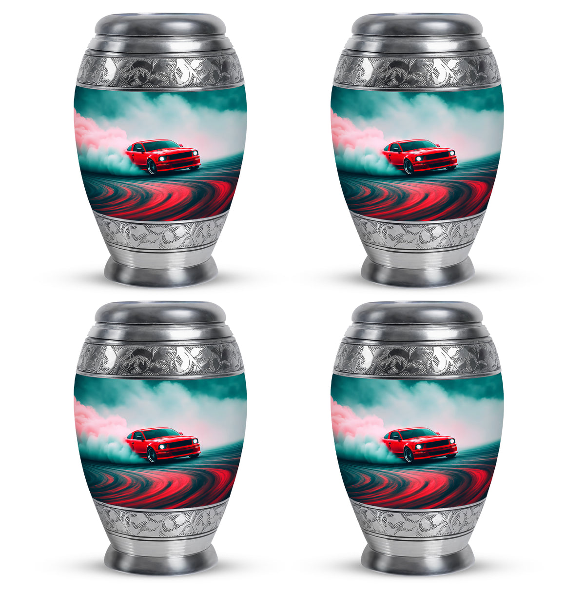 Aqua Teal Car Cremation Urn urn with complimentary velvet bag - majestic car pattern with filigree border - 10 inch aluminum urn for cremated remains
