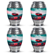 Aqua Teal Car Cremation Urn urn with complimentary velvet bag - majestic car pattern with filigree border - 10 inch aluminum urn for cremated remains