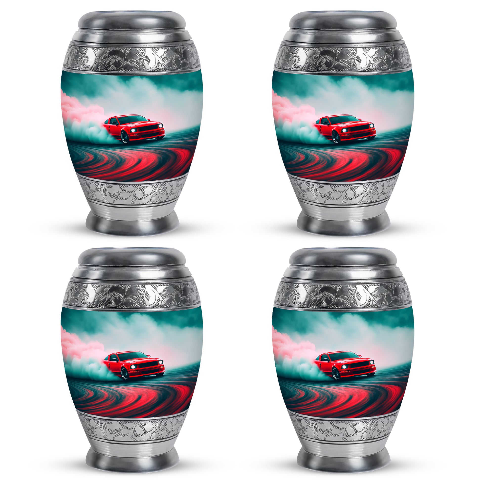Aqua Teal Car Cremation Urn urn with complimentary velvet bag - majestic car pattern with filigree border - 10 inch aluminum urn for cremated remains