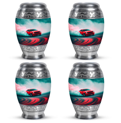 Aqua Teal Car Cremation Urn urn with complimentary velvet bag - majestic car pattern with filigree border - 10 inch aluminum urn for cremated remains