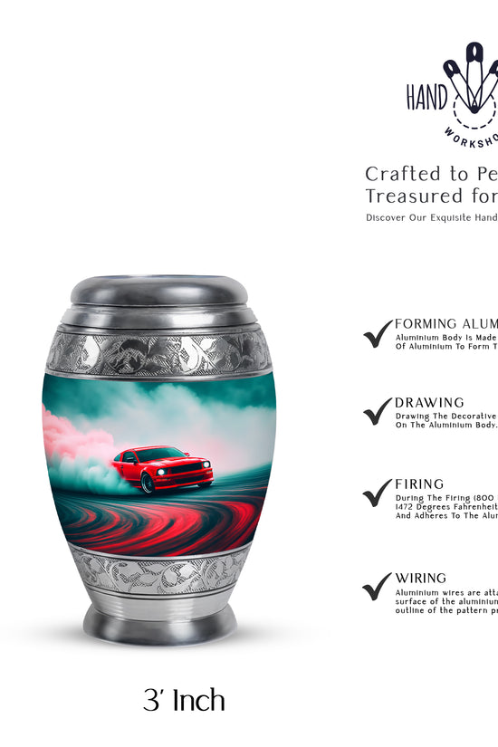 Soft Teal Car Cremation Urn lifestyle display on memorial shelf - ornate monarch-style car relief on brushed aluminum - mini keepsake memorial for portion of cremation ashes