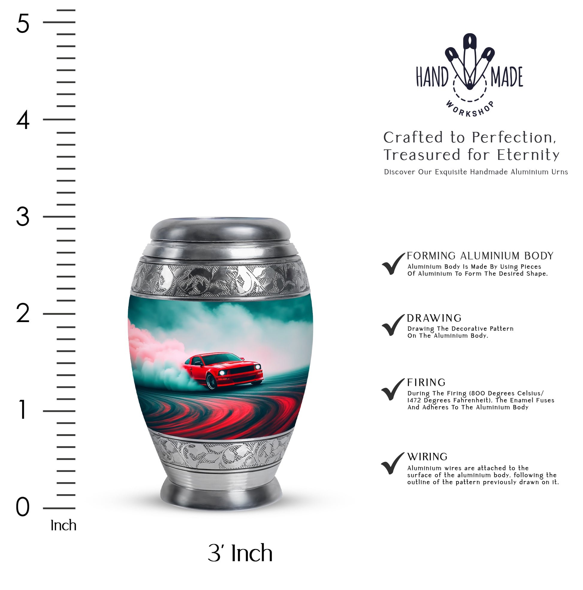 Soft Teal Car Cremation Urn lifestyle display on memorial shelf - ornate monarch-style car relief on brushed aluminum - mini keepsake memorial for portion of cremation ashes