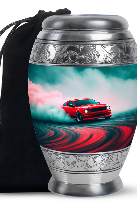 Deep Teal Car Cremation Urn back view with polished surface - majestic car pattern with filigree border - full-size 10 inch 200 cubic inch adult cremation urn