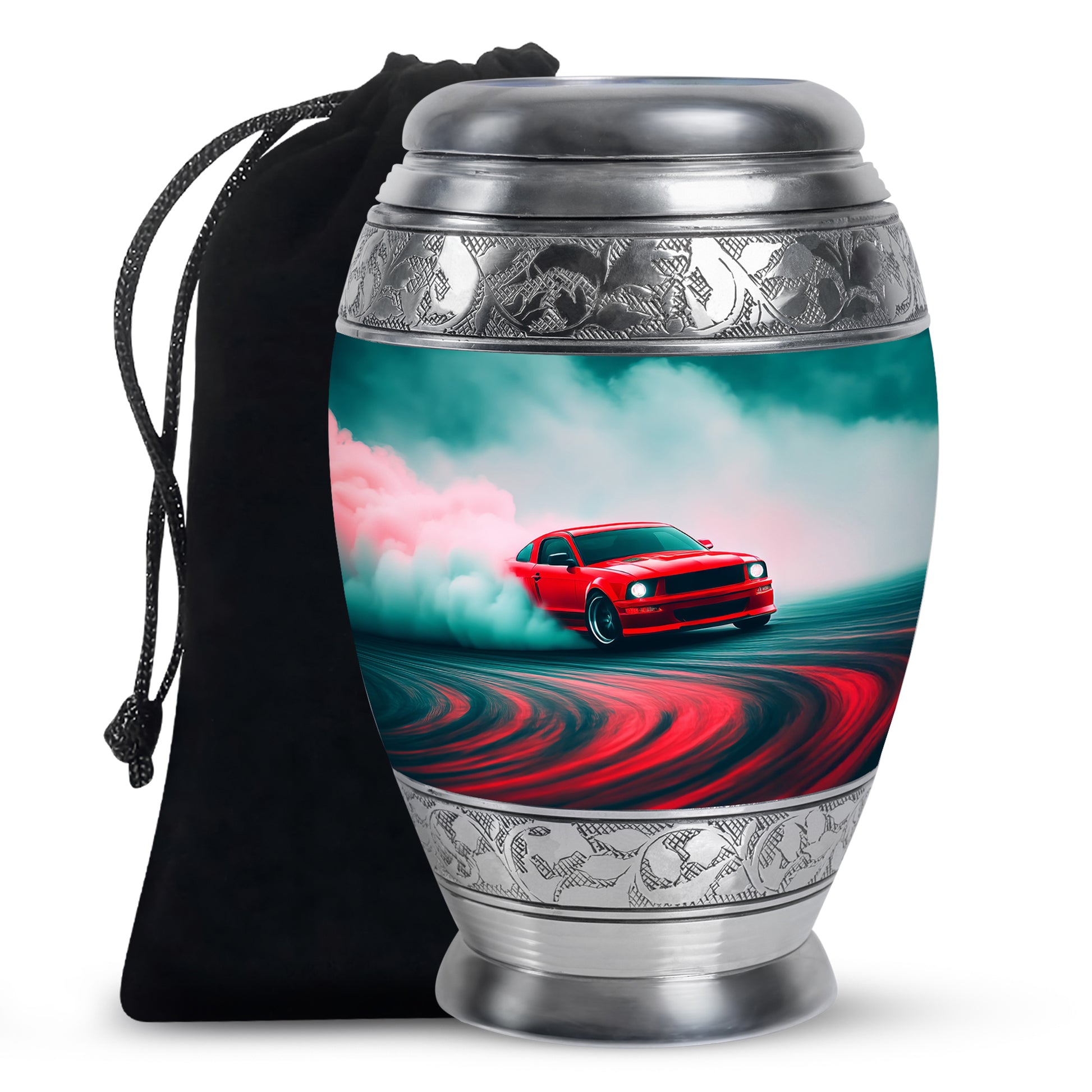 Deep Teal Car Cremation Urn back view with polished surface - majestic car pattern with filigree border - full-size 10 inch 200 cubic inch adult cremation urn