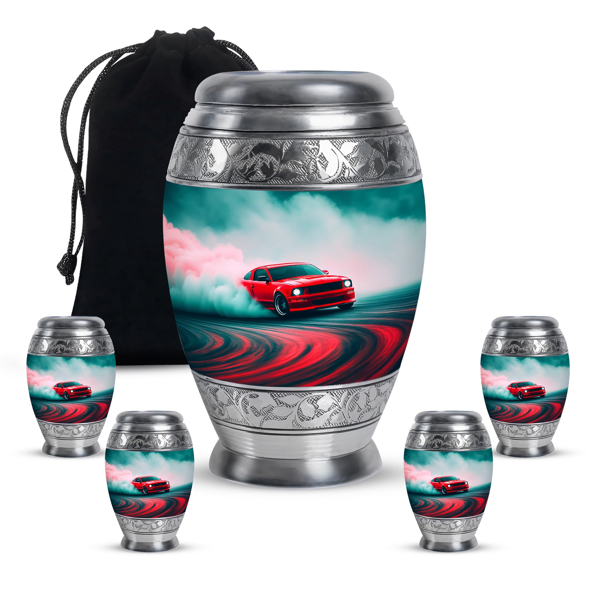 Jewel Teal Car Cremation Urn detail view - ornate monarch-style car relief on brushed aluminum - memorial set with one large and four small urns