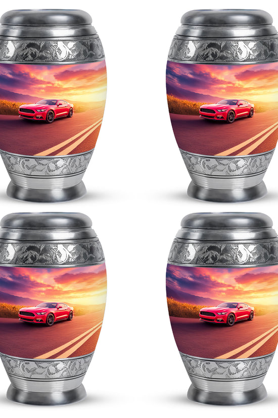 Calming Blue Car Cremation Urn urn with complimentary velvet bag - royal car engraving with decorative scrollwork - 10 inch aluminum urn for cremated remains