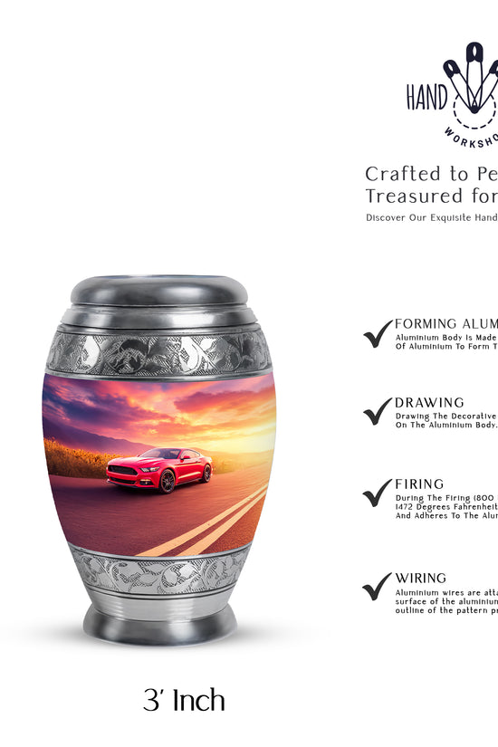 Celestial Blue Car Cremation Urn lifestyle display on memorial shelf - regal car design with crown-inspired accents - mini keepsake memorial for portion of cremation ashes