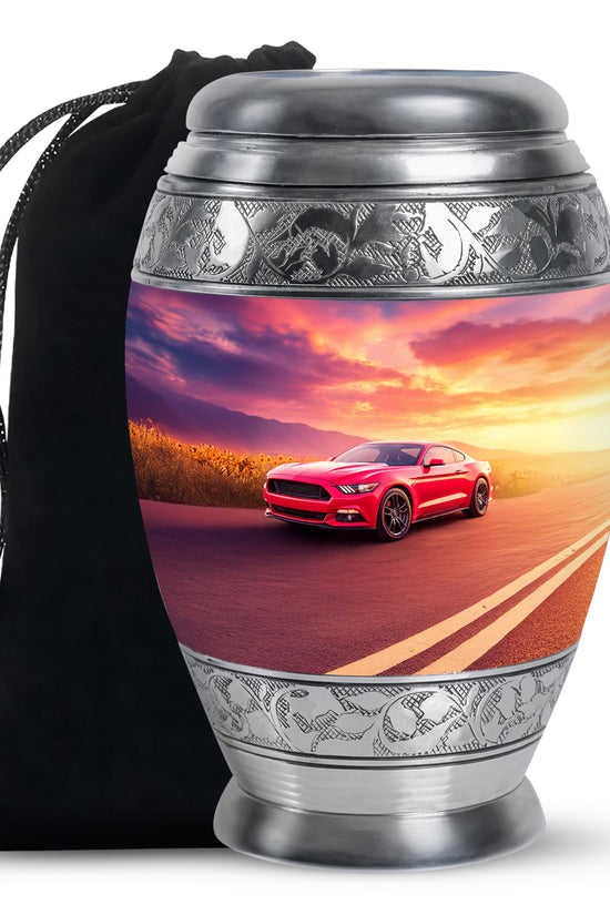 Bright Blue Car Cremation Urn back view with polished surface - royal car engraving with decorative scrollwork - full-size 10 inch 200 cubic inch adult cremation urn