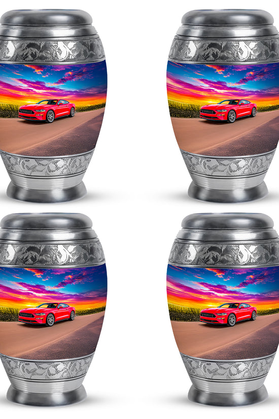 Vivid Blue Car Cremation Urn urn with complimentary velvet bag - royal car engraving with decorative scrollwork - 10 inch aluminum urn for cremated remains