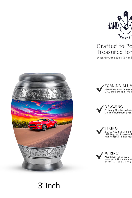Misty Blue Car Cremation Urn lifestyle display on memorial shelf - ornate monarch-style car relief on brushed aluminum - mini keepsake memorial for portion of cremation ashes