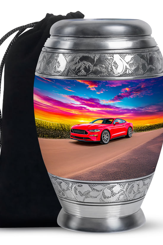Indigo Car Cremation Urn back view with polished surface - regal car design with crown-inspired accents - full-size 10 inch 200 cubic inch adult cremation urn