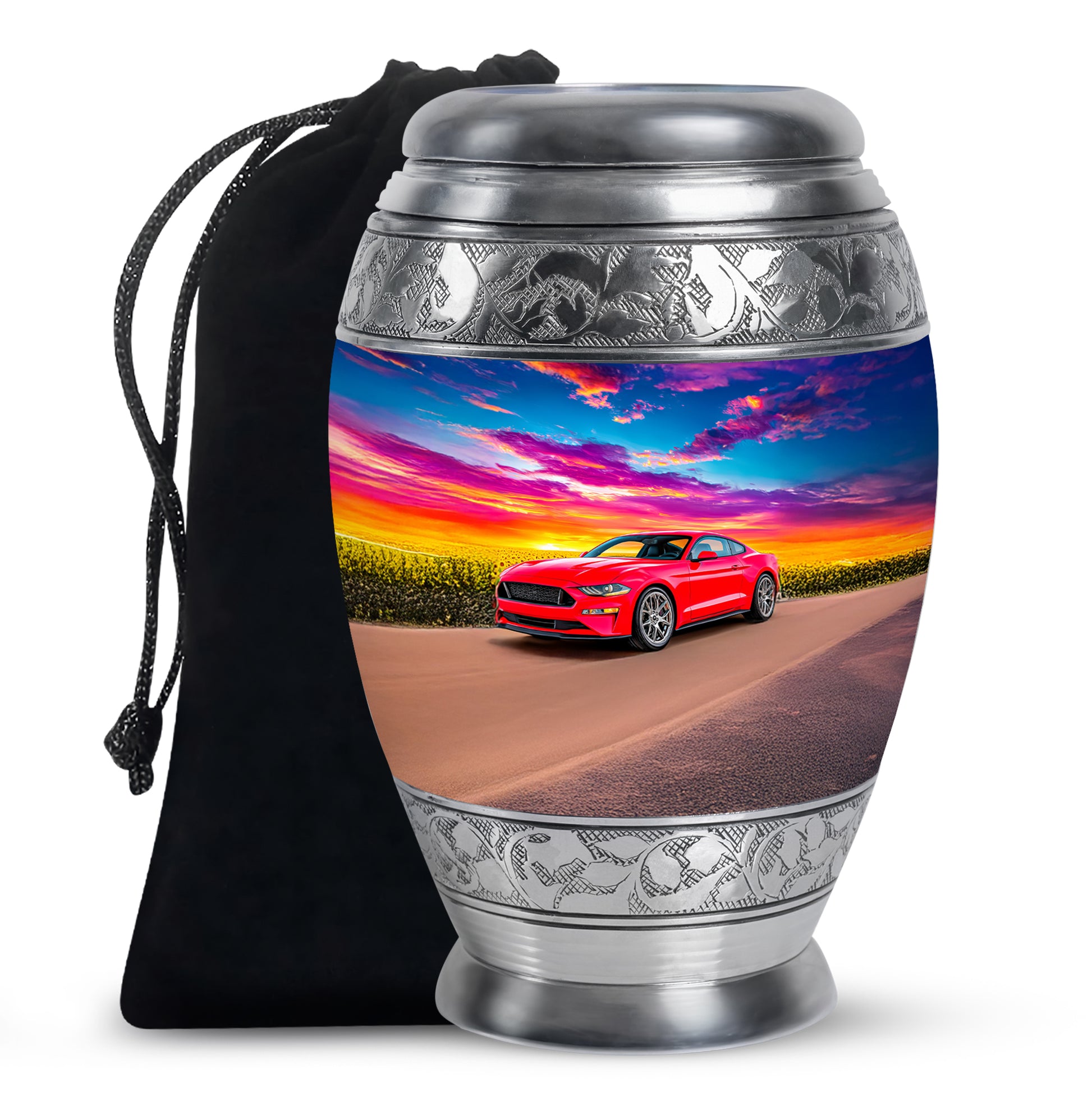 Indigo Car Cremation Urn back view with polished surface - regal car design with crown-inspired accents - full-size 10 inch 200 cubic inch adult cremation urn