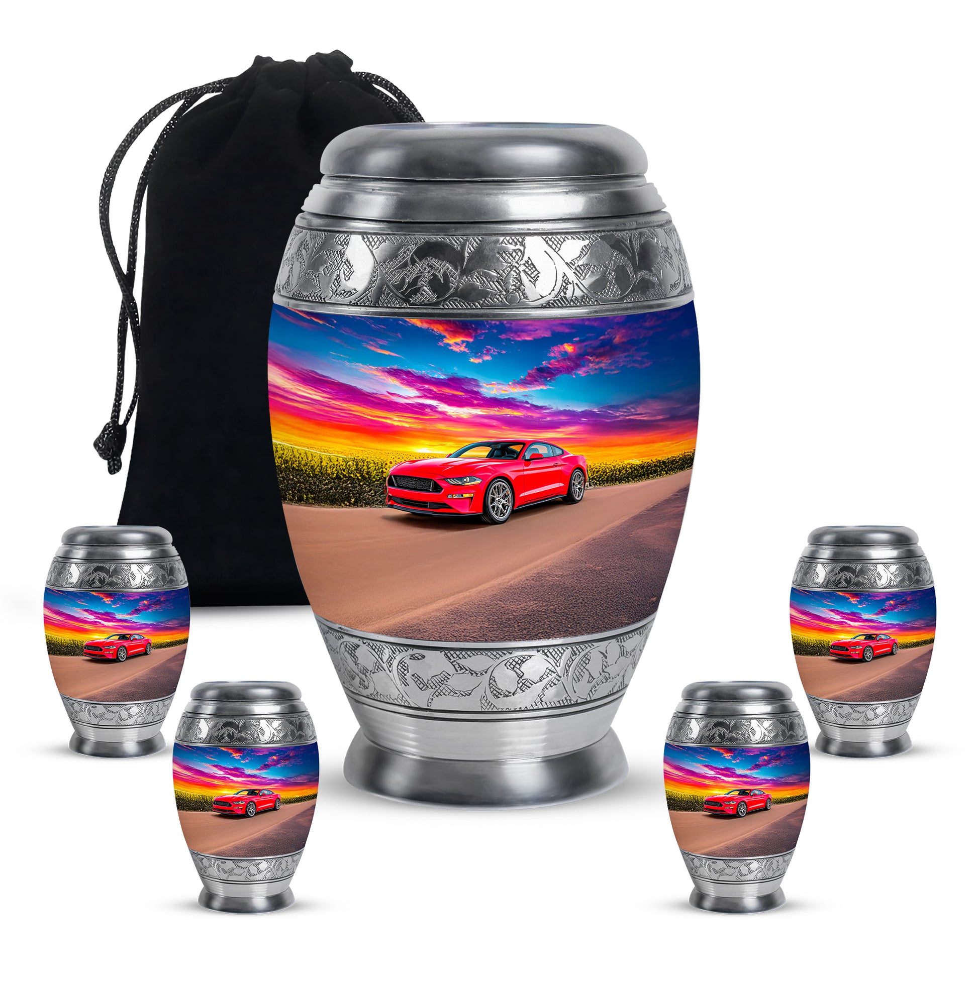 Calming Blue Car Cremation Urn detail view - royal car engraving with decorative scrollwork - memorial set with one large and four small urns