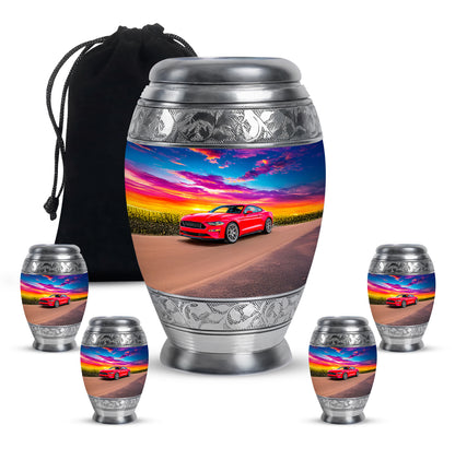 Calming Blue Car Cremation Urn detail view - royal car engraving with decorative scrollwork - memorial set with one large and four small urns