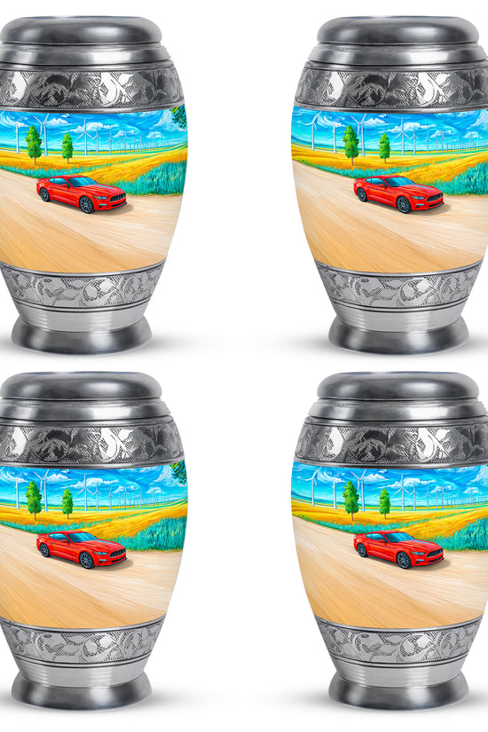 Sky Blue Car Cremation Urn urn with complimentary velvet bag - regal car design with crown-inspired accents - 10 inch aluminum urn for cremated remains