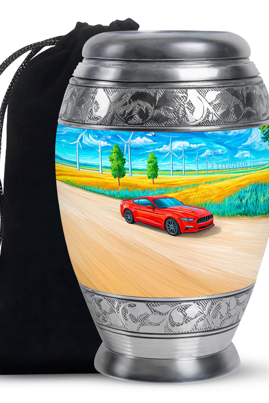 Royal Blue Car Cremation Urn back view with polished surface - majestic car pattern with filigree border - full-size 10 inch 200 cubic inch adult cremation urn