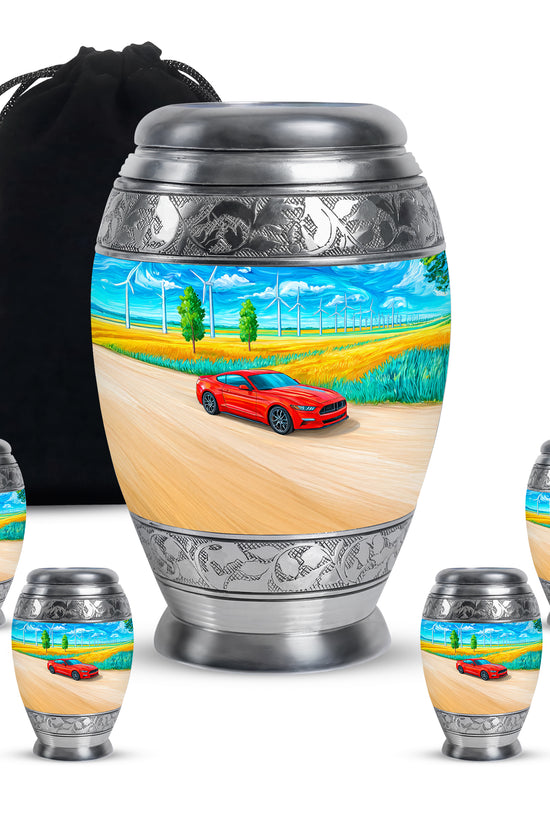 Misty Blue Car Cremation Urn detail view - regal car design with crown-inspired accents - memorial set with one large and four small urns