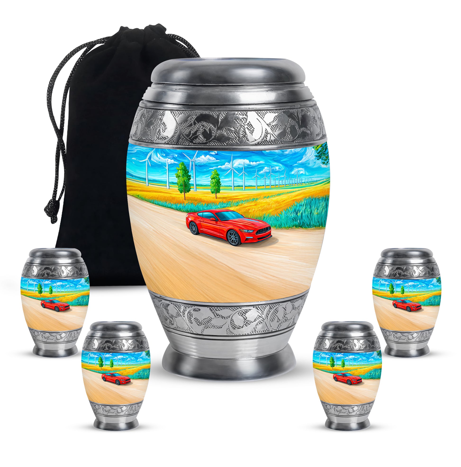 Misty Blue Car Cremation Urn detail view - regal car design with crown-inspired accents - memorial set with one large and four small urns