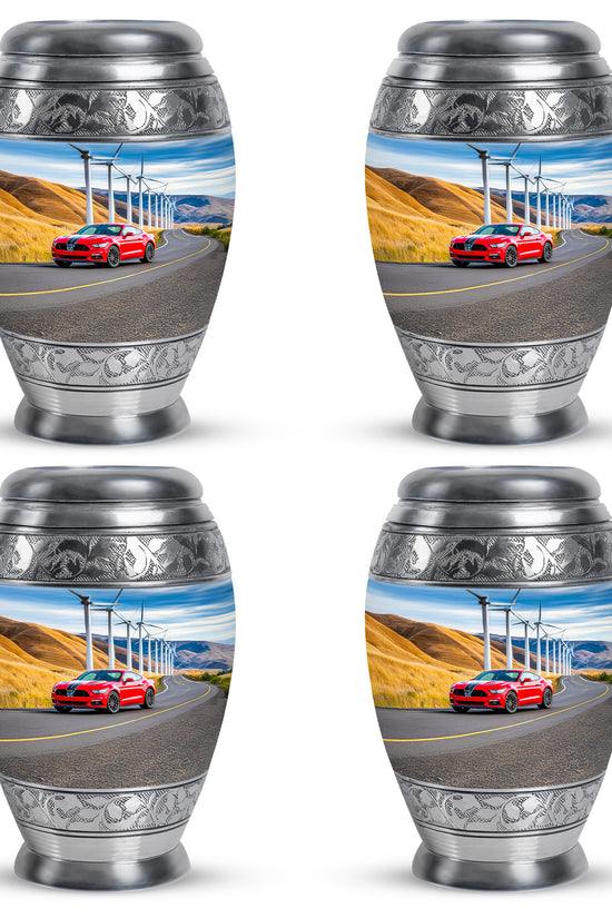 Azure Car Cremation Urn urn with complimentary velvet bag - ornate monarch-style car relief on brushed aluminum - 10 inch aluminum urn for cremated remains