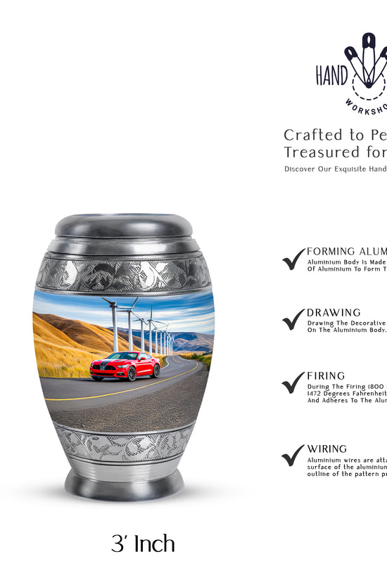 Slate Blue Car Cremation Urn lifestyle display on memorial shelf - regal car design with crown-inspired accents - mini keepsake memorial for portion of cremation ashes