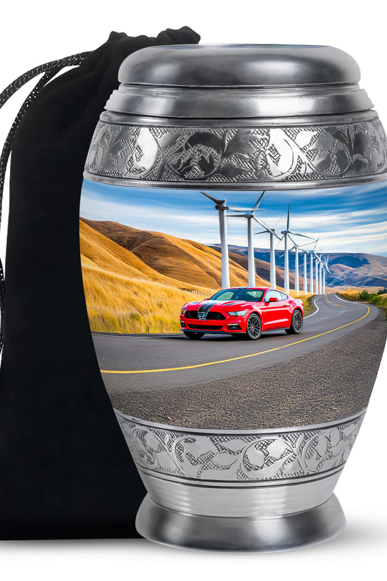 Navy Blue Car Cremation Urn back view with polished surface - ornate monarch-style car relief on brushed aluminum - full-size 10 inch 200 cubic inch adult cremation urn